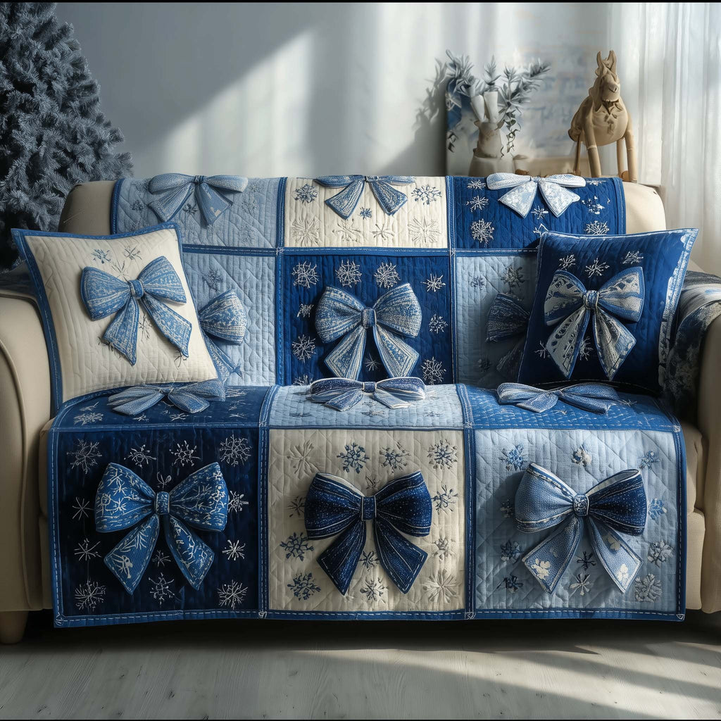 Blue Ribbon Bows on Winter Squares Sofa Cover