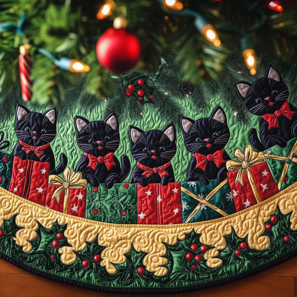 Black Cats with Gifts and Wreaths Christmas Tree Skirt