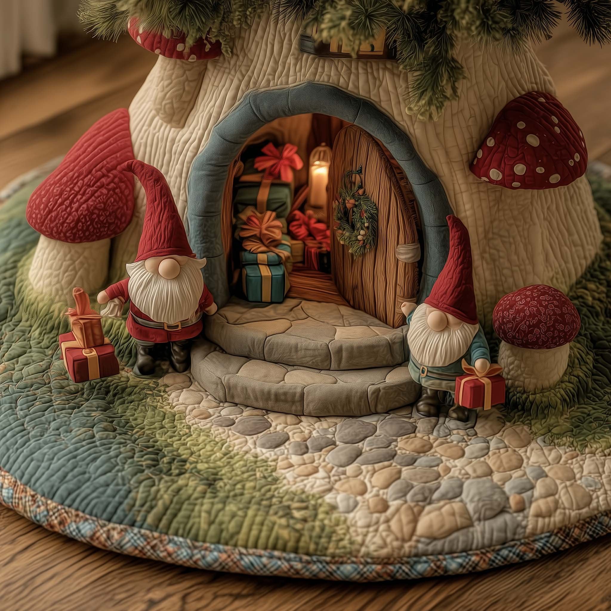 Gnomes at the Cottage Door Christmas Tree Skirt