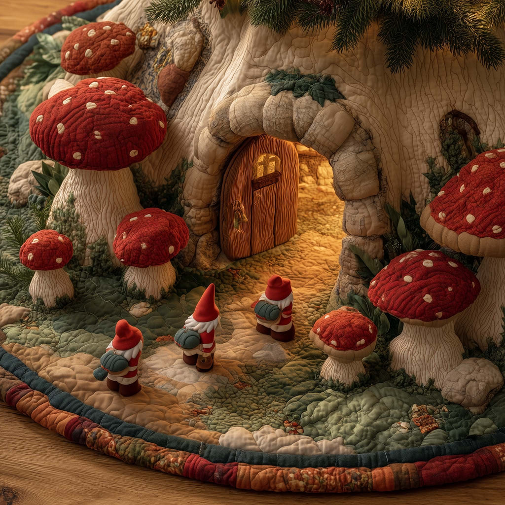 Gnomes Among the Red Toadstools Christmas Tree Skirt