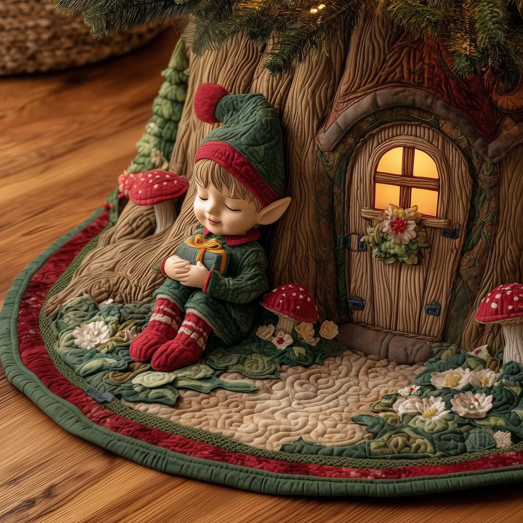 Elf Resting by the Tree Door Christmas Tree Skirt
