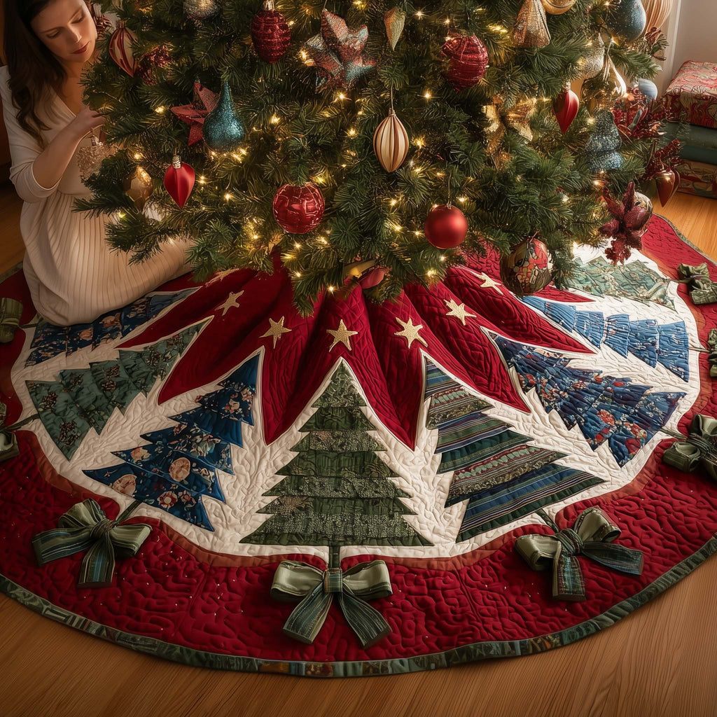 Poinsettias and Pine Trees on Red Christmas Tree Skirt