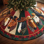 Horses on Plaid Patchwork Christmas Tree Skirt