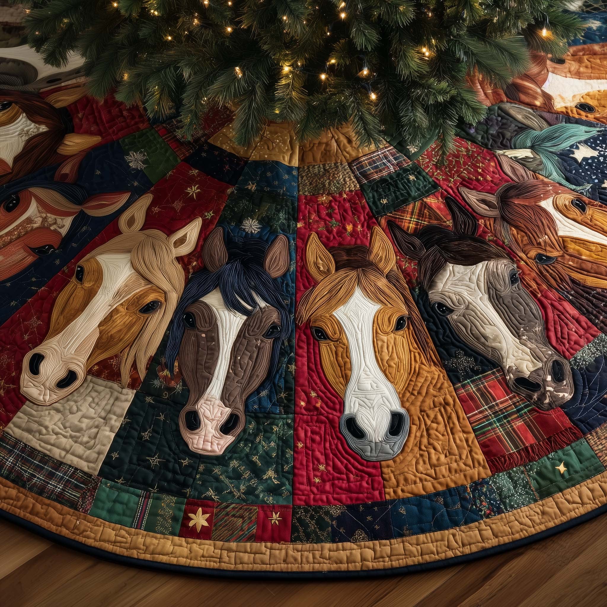 Horse Heads on Red and Navy Patchwork Christmas Tree Skirt