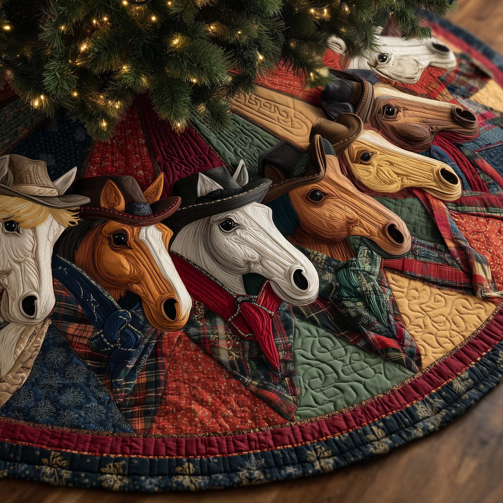 Horses in Plaid Scarves Patchwork Christmas Tree Skirt