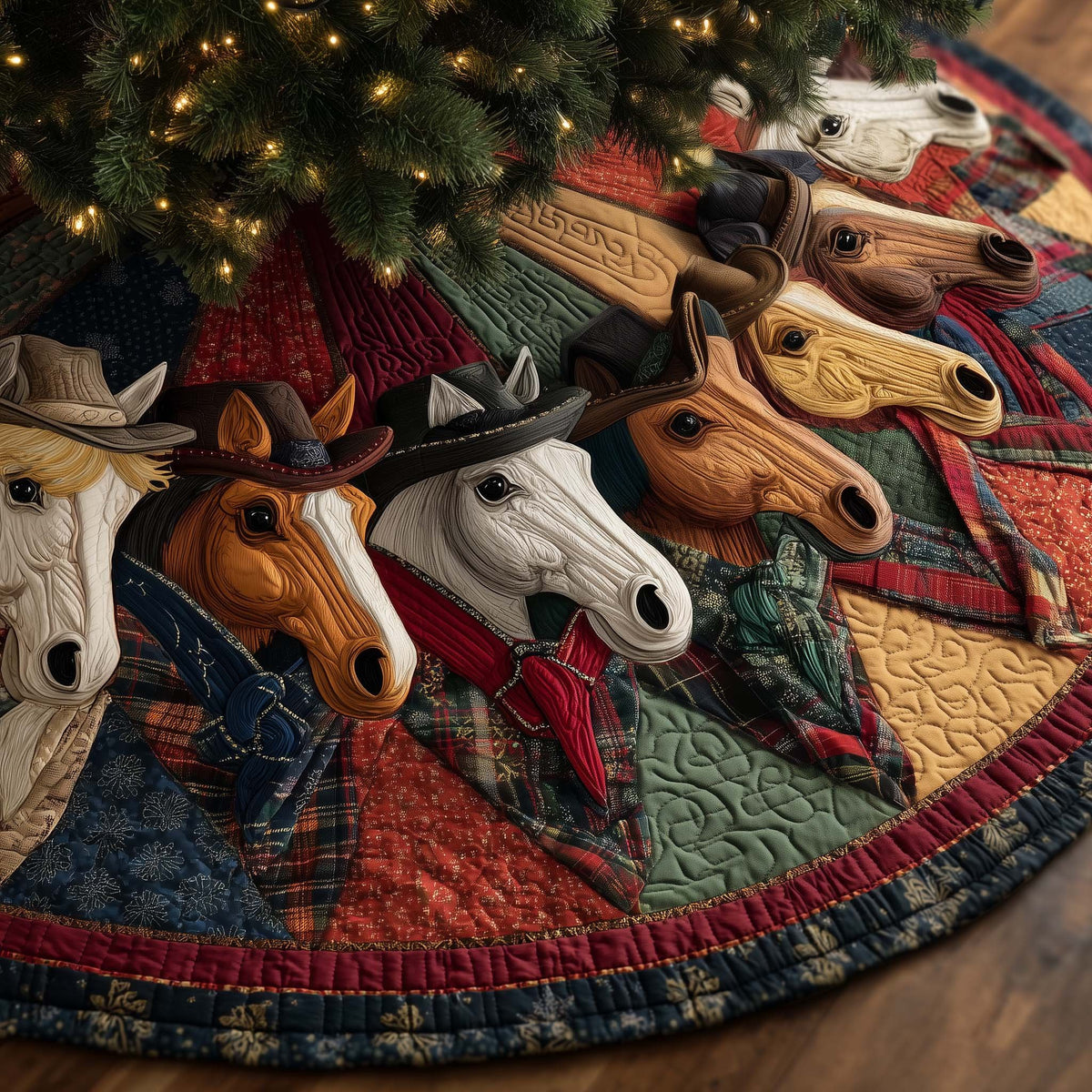Horses in Plaid Scarves Patchwork Christmas Tree Skirt
