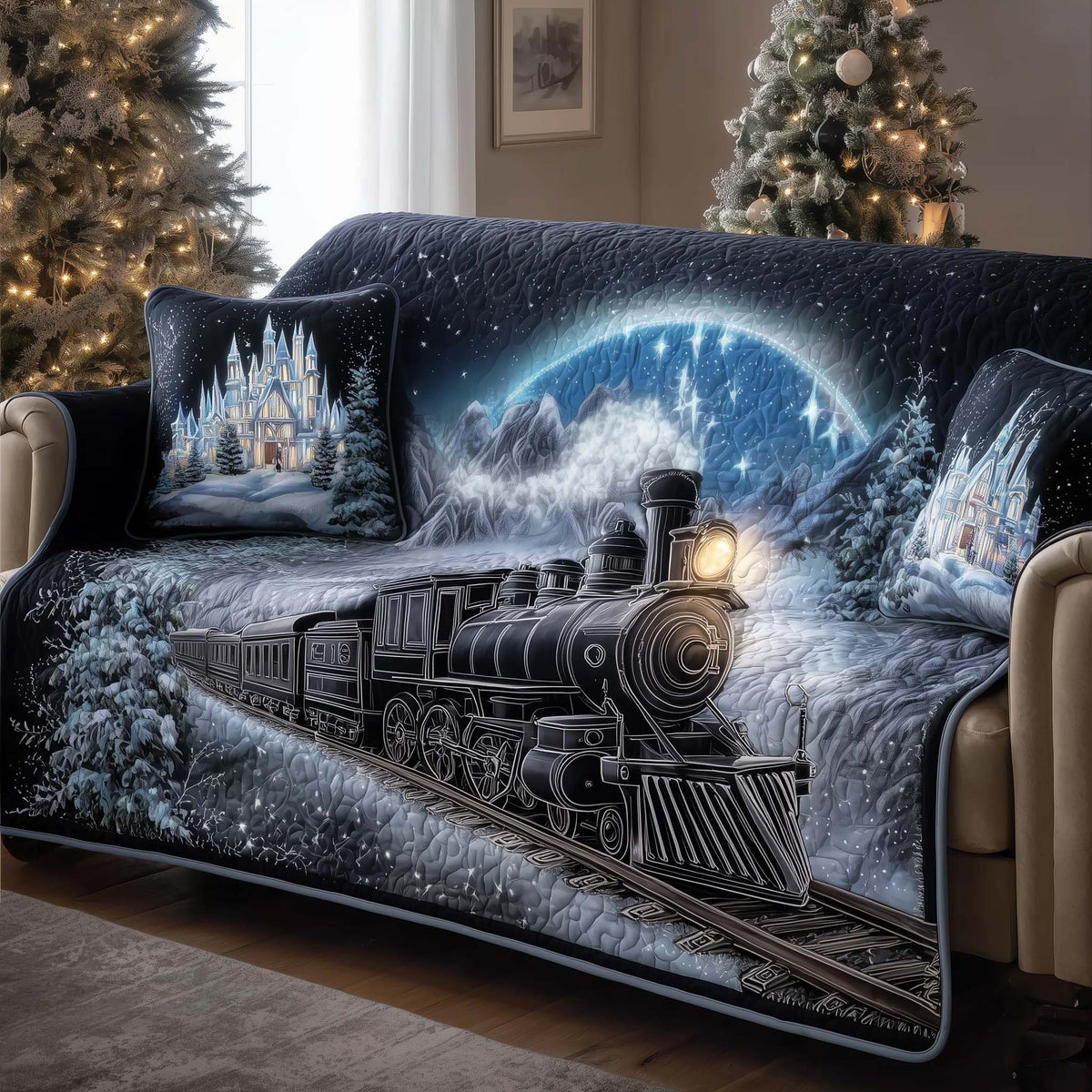 Train Passing the Snowy Castle at Night Sofa Cover