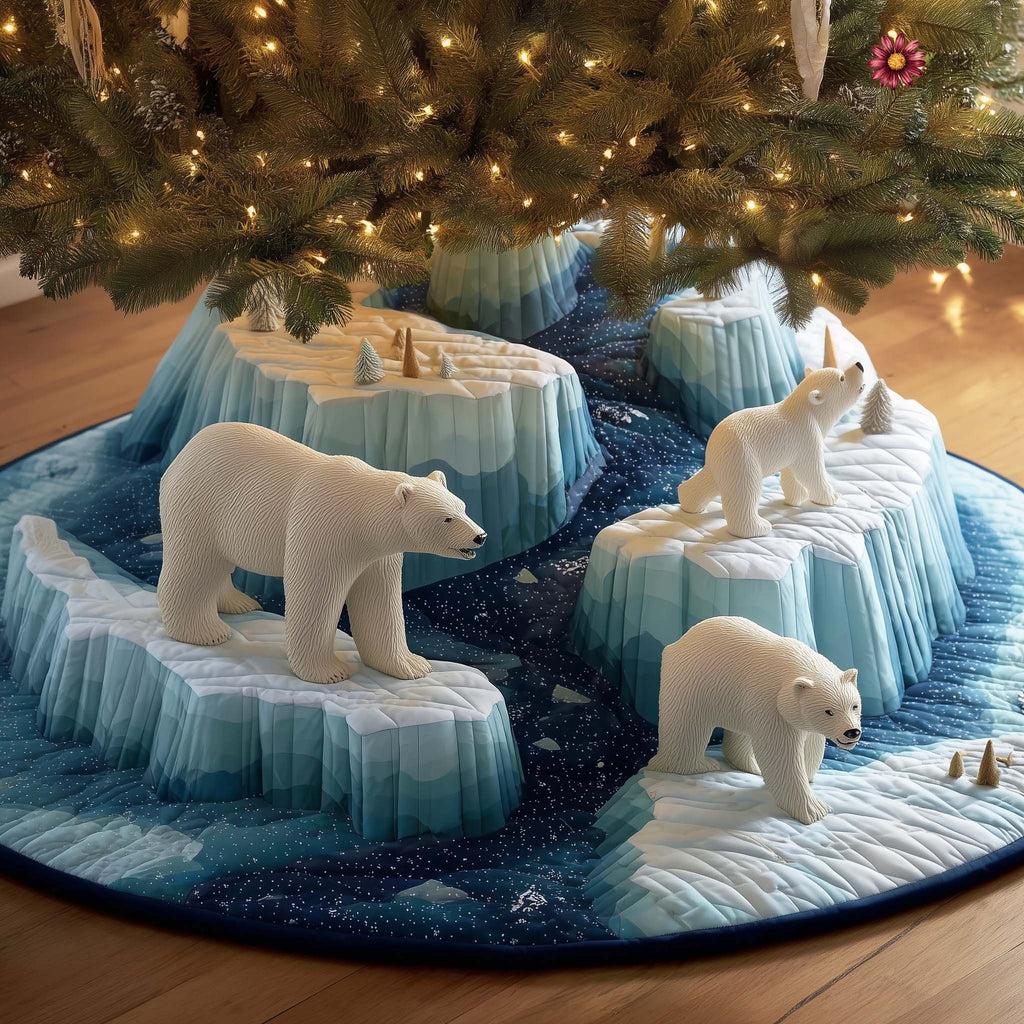 Polar Bear Family on Ice Cliffs Christmas Tree Skirt