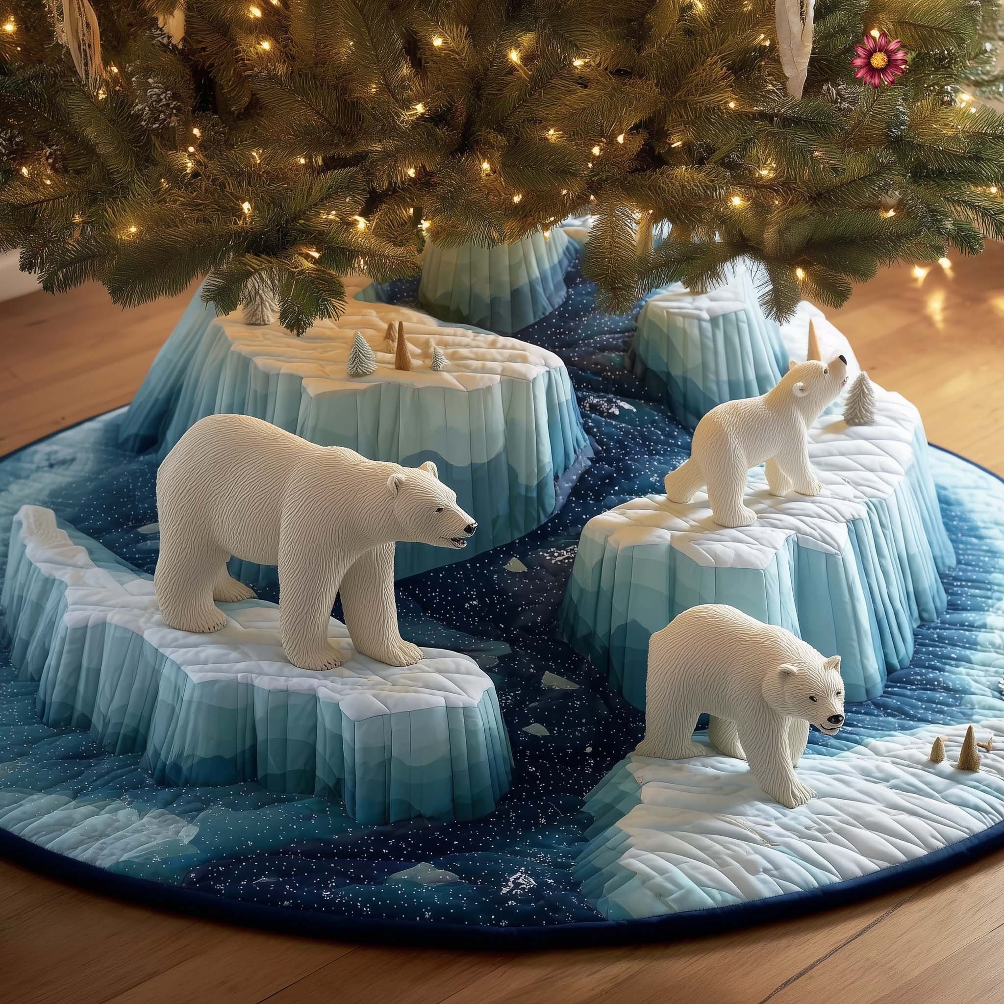 Polar Bear Family on Ice Cliffs Christmas Tree Skirt