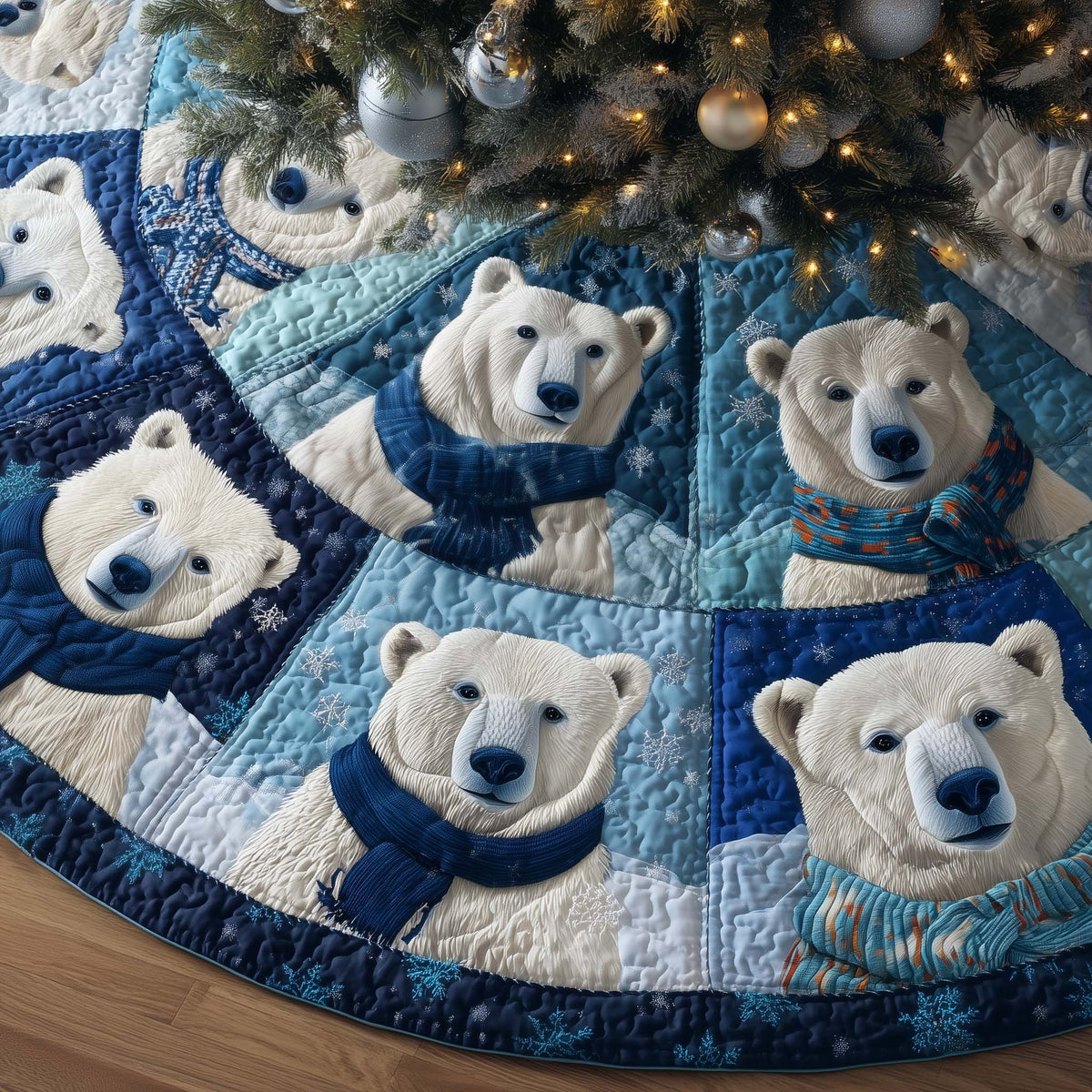 Polar Bear Faces on Blue Patchwork Christmas Tree Skirt