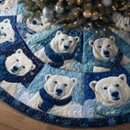 Polar Bear Faces on Blue Patchwork Christmas Tree Skirt