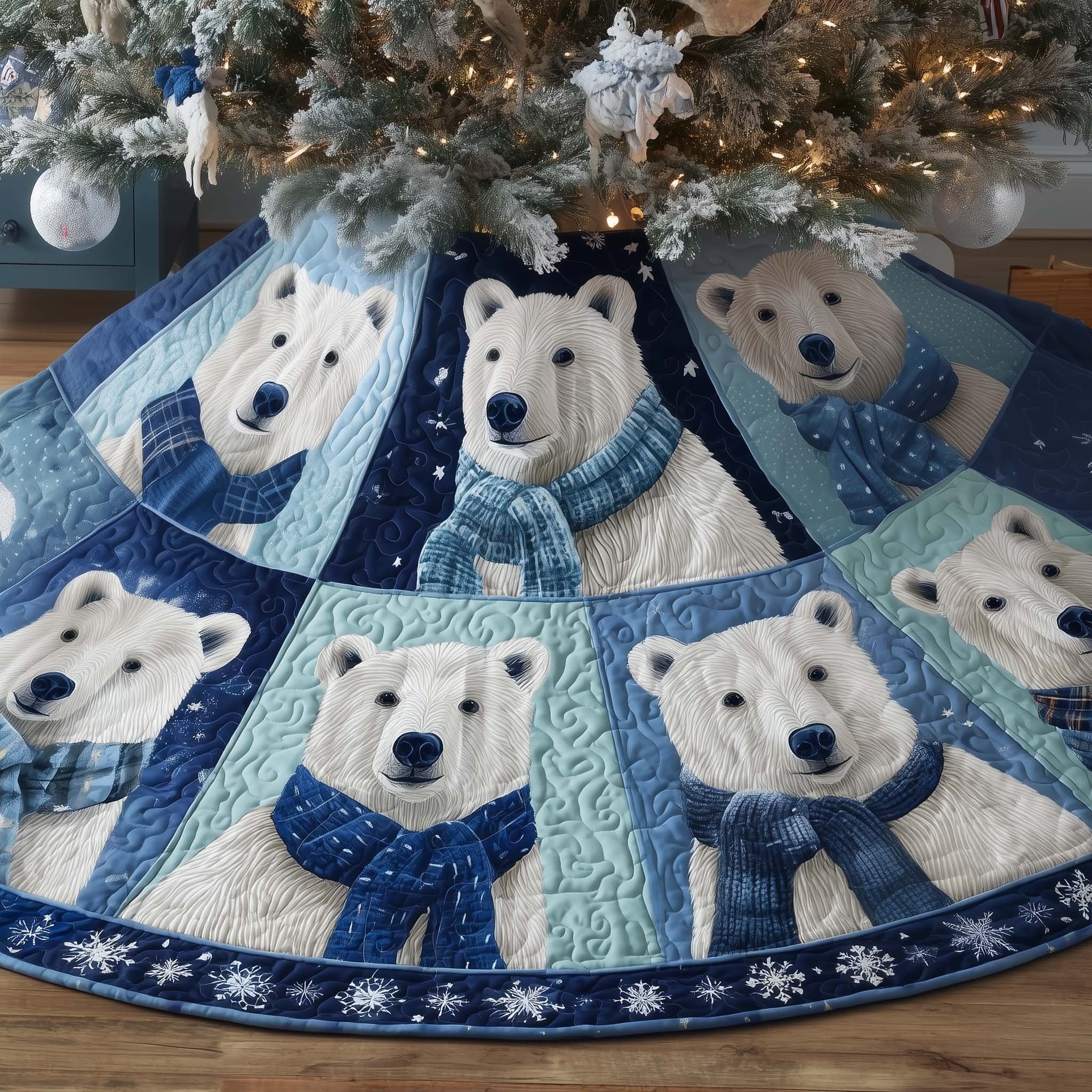 Polar Bears in Blue Scarves Christmas Tree Skirt