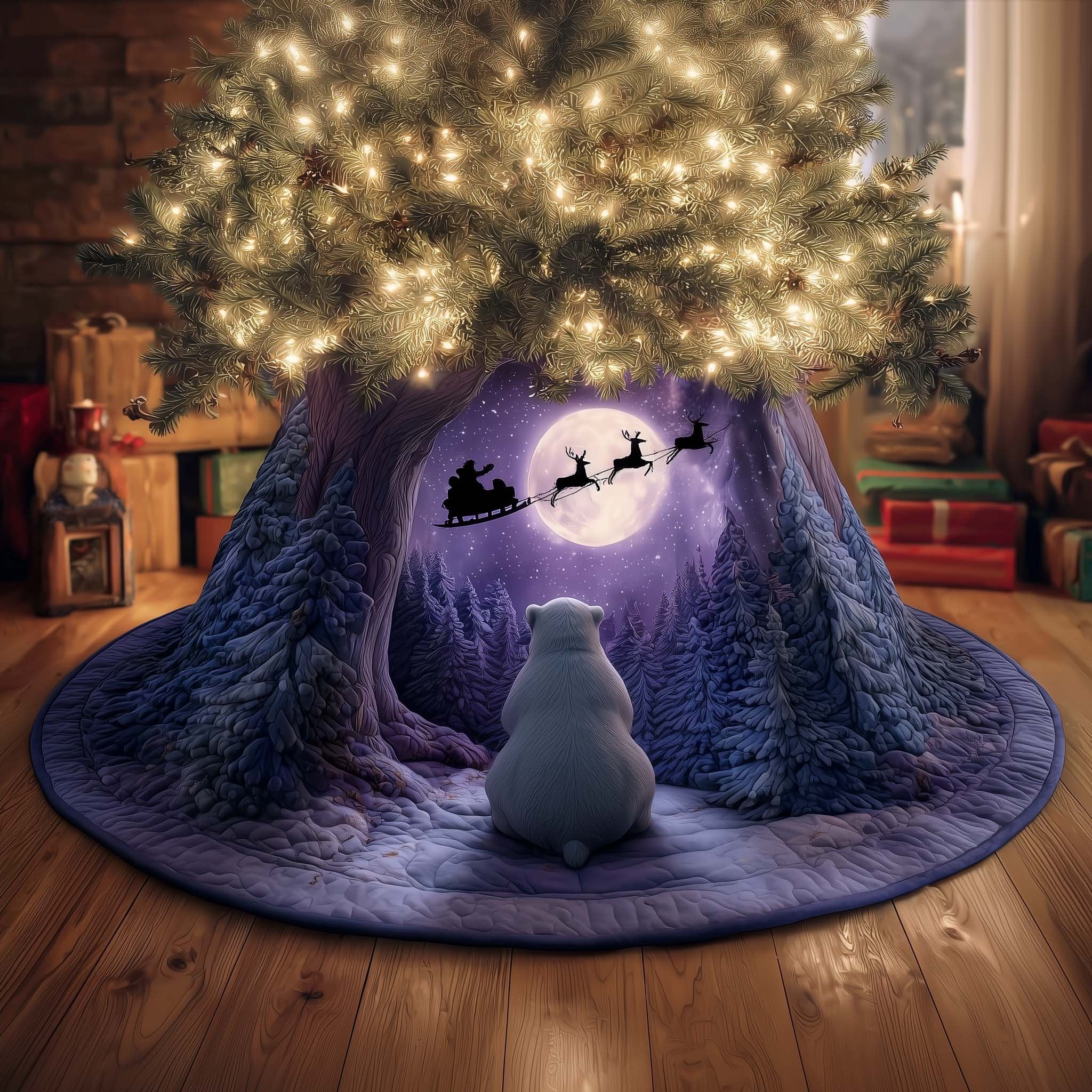 Polar Bear Under the Purple Moon Christmas Tree Skirt