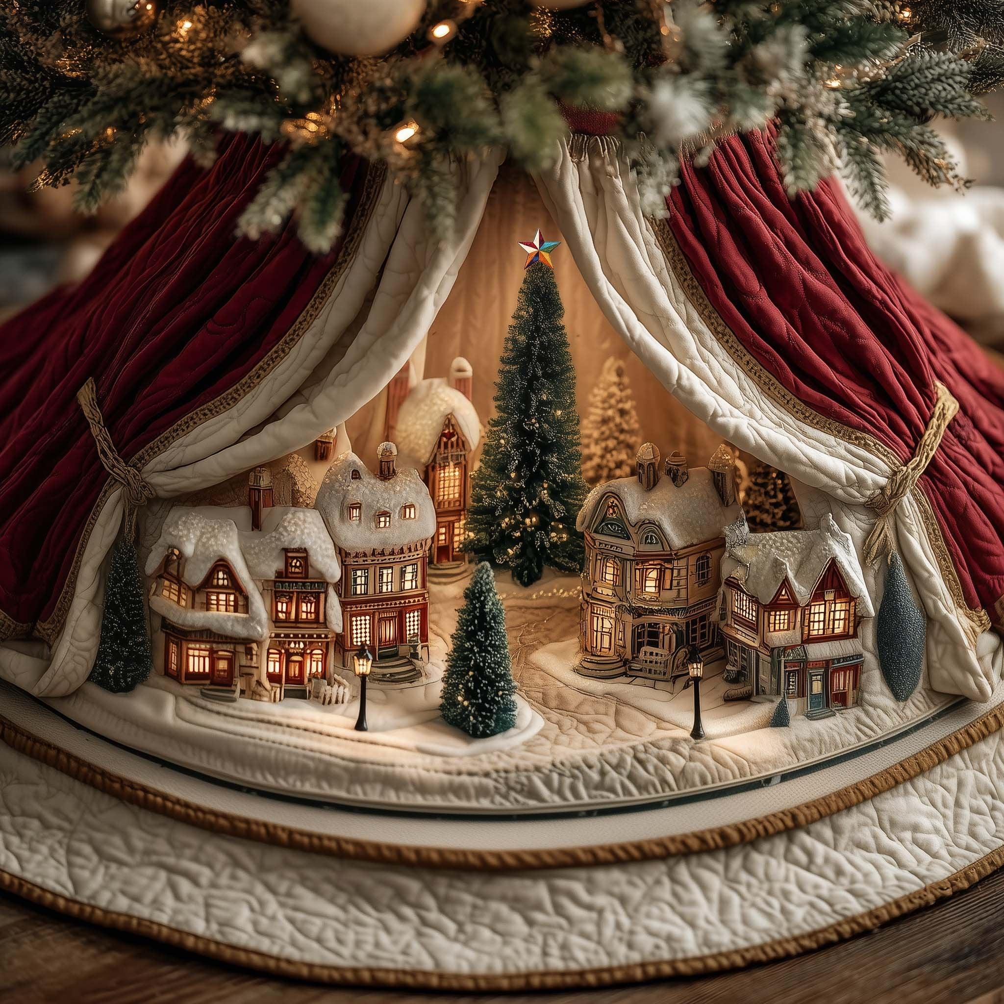 Snow Town on the Curtained Stage Christmas Tree Skirt