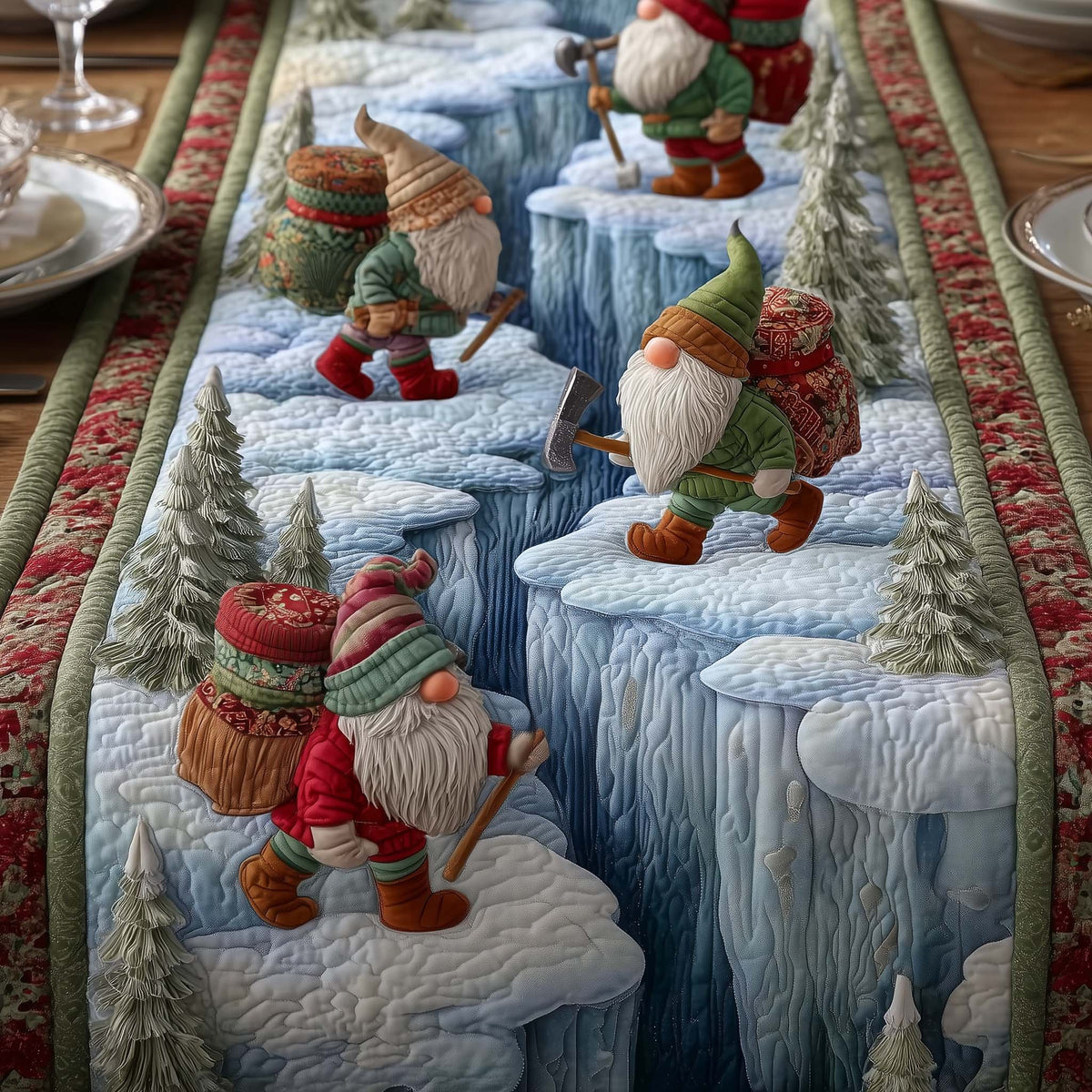 Gnomes on Snowy Ice Ledges Table Runner