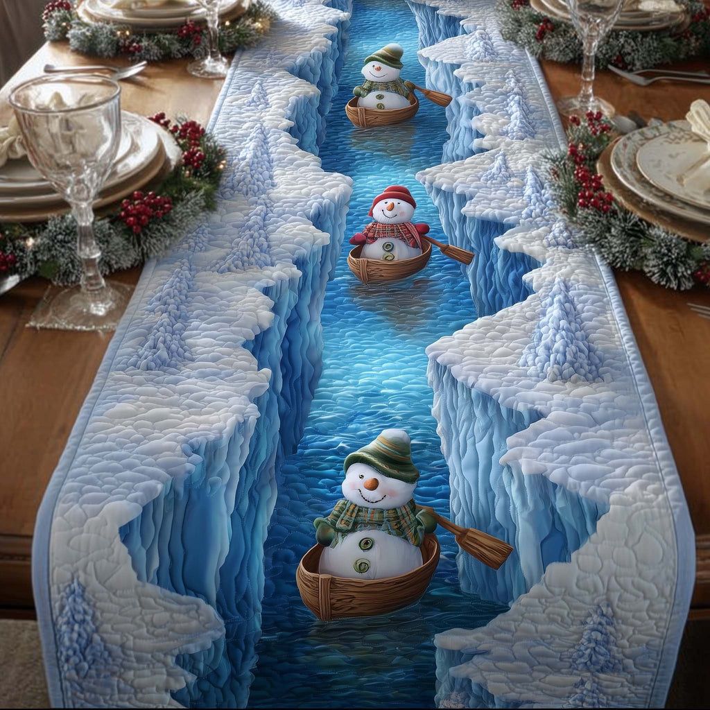 Snowman Rowing on Blue River Table Runner