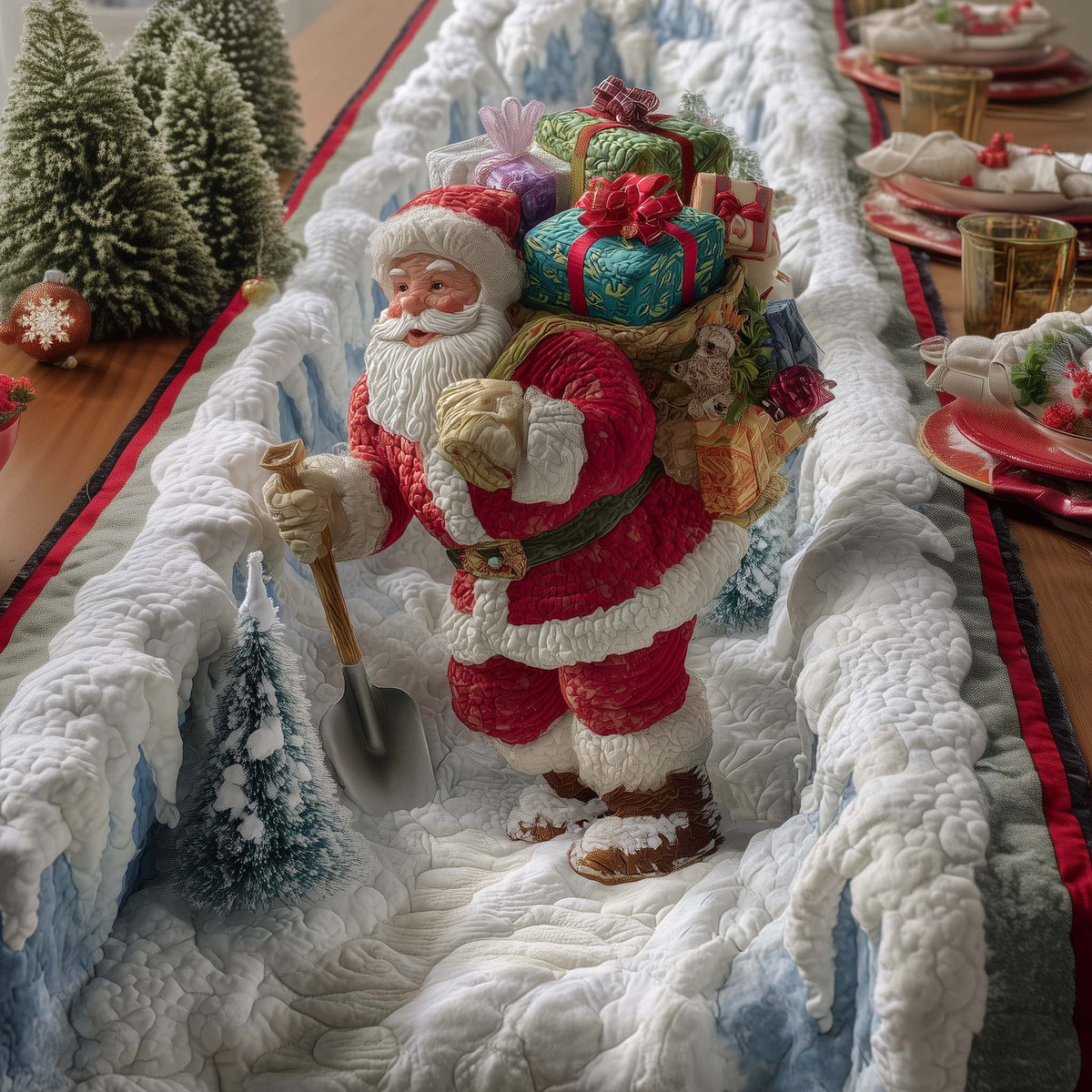 Santa with Shovel in Snow Table Runner