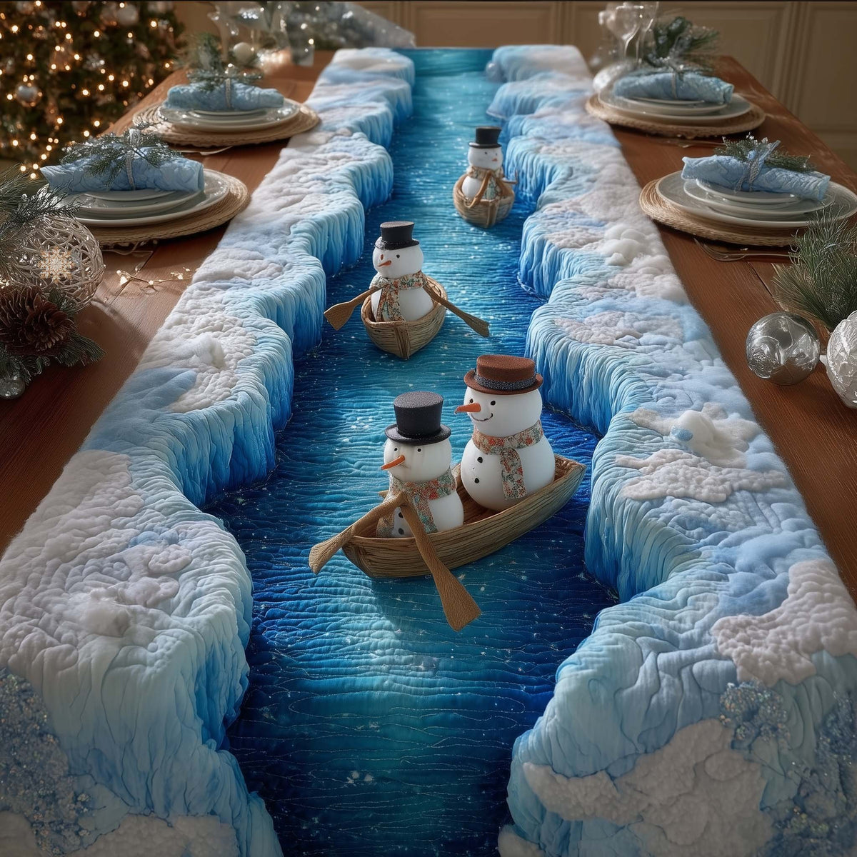 Two Snowmen in a Boat Table Runner