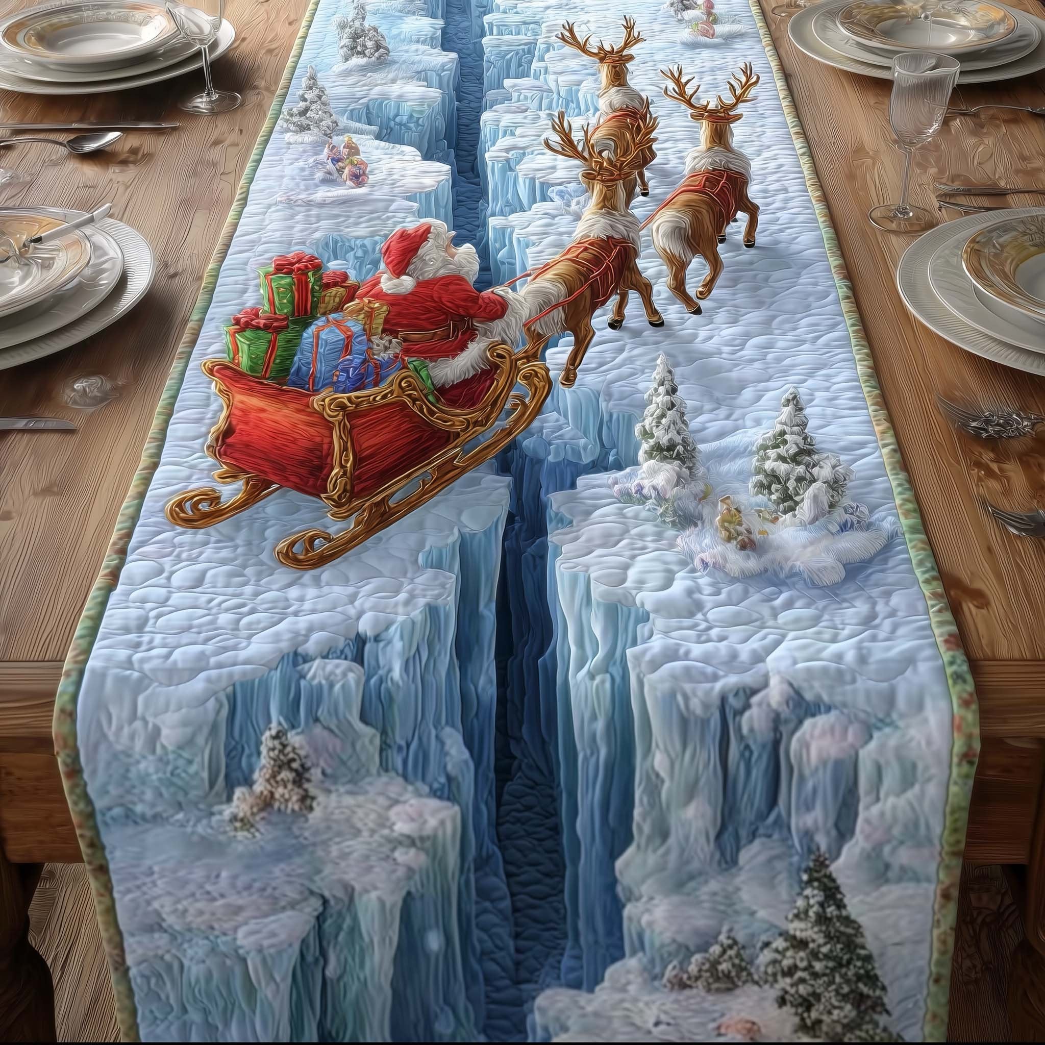 Santa Sleigh over Snowy Canyon Table Runner