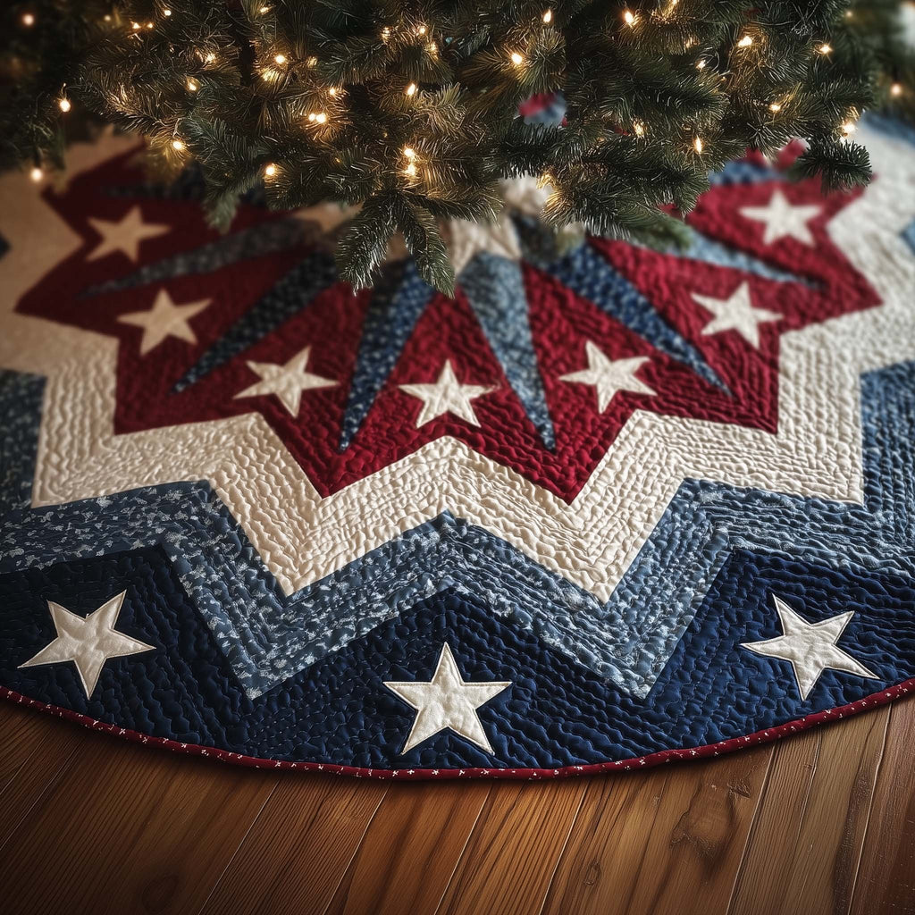 White Stars on the Zigzag Bands Christmas Tree Skirt