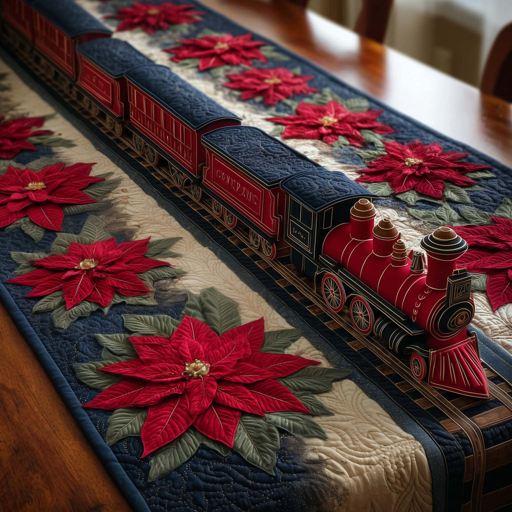 Red Locomotive Among Poinsettias Table Runner