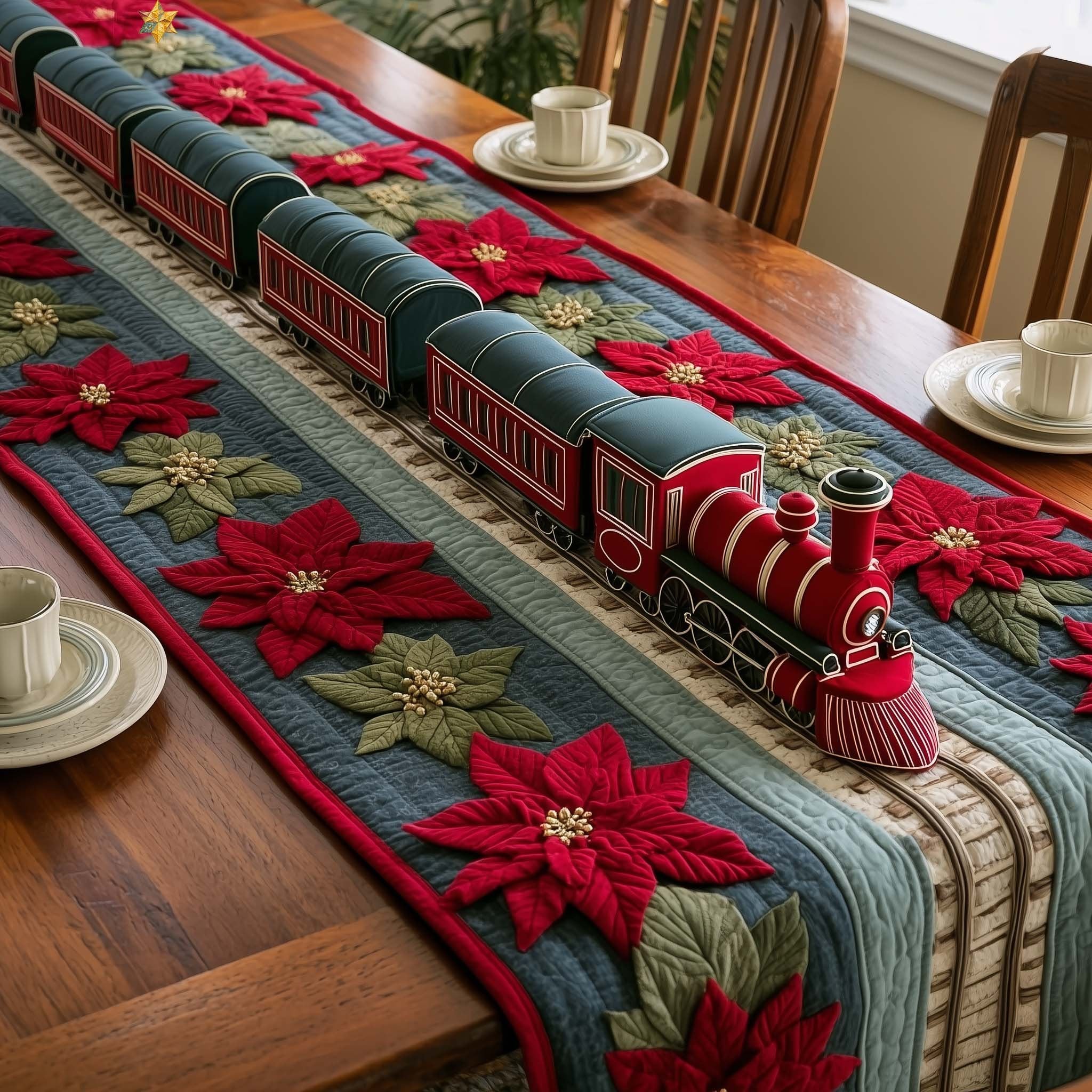 Green Train with Poinsettia Border Table Runner