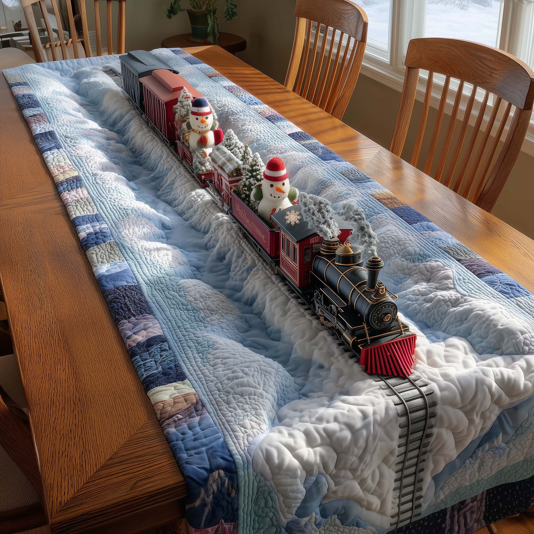 Train with Festive Blue Border Table Runner