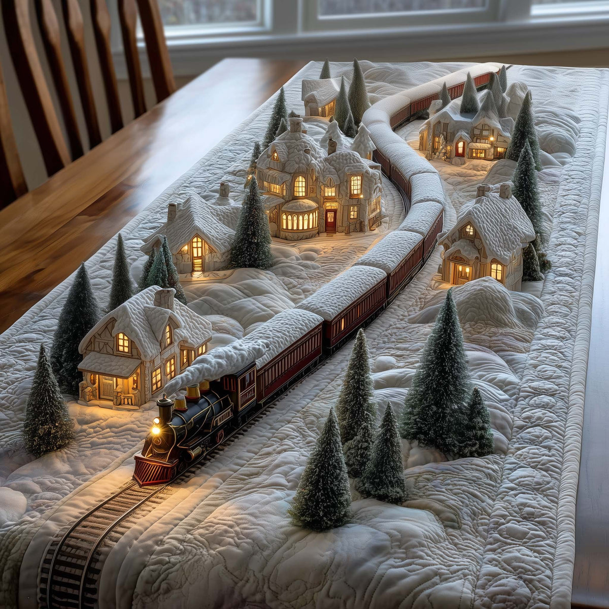 Train Passing a Lit Village Table Runner
