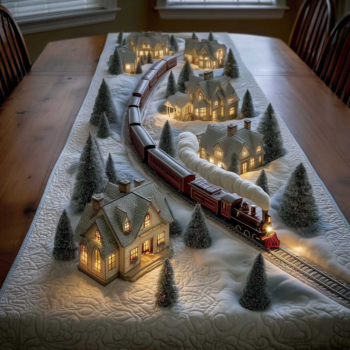 Train Beside a Glowing Cottage Table Runner