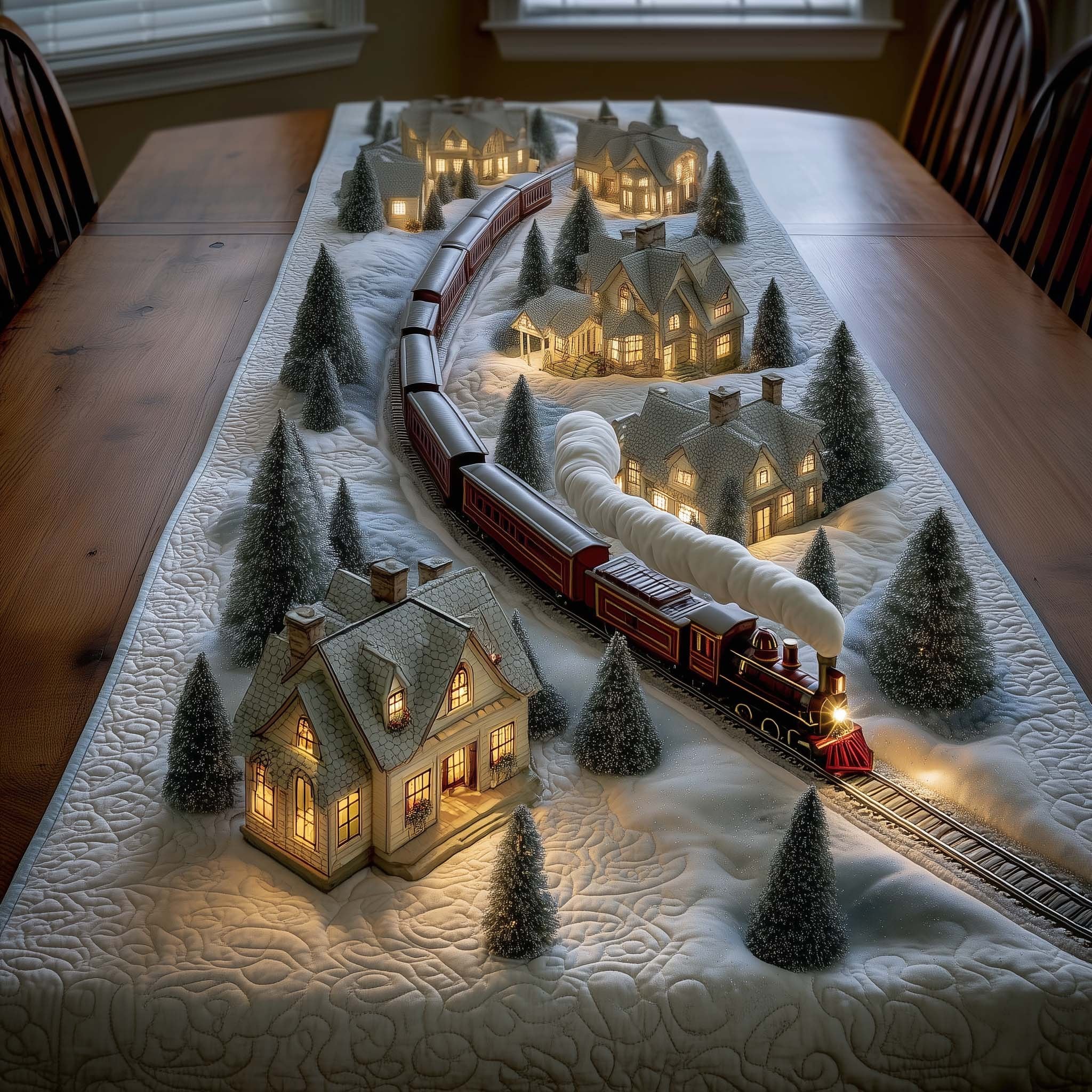 Train Beside a Glowing Cottage Table Runner