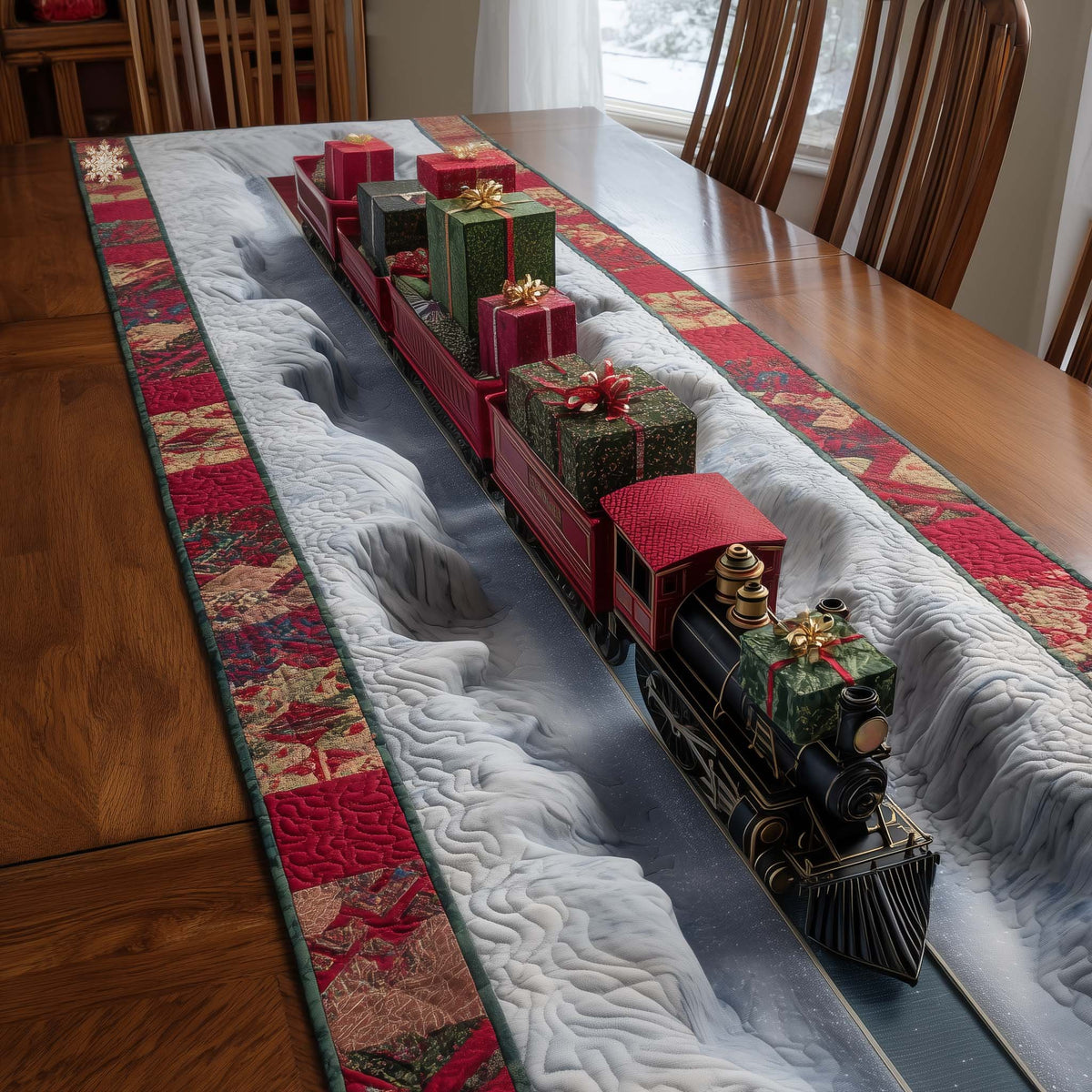 Train Carrying Gifts Through Snow Table Runner