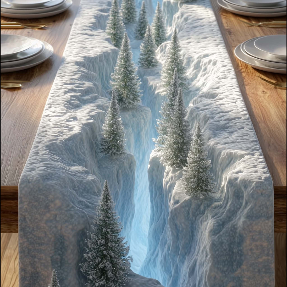 Misty Blue Mountains with Pines Table Runner