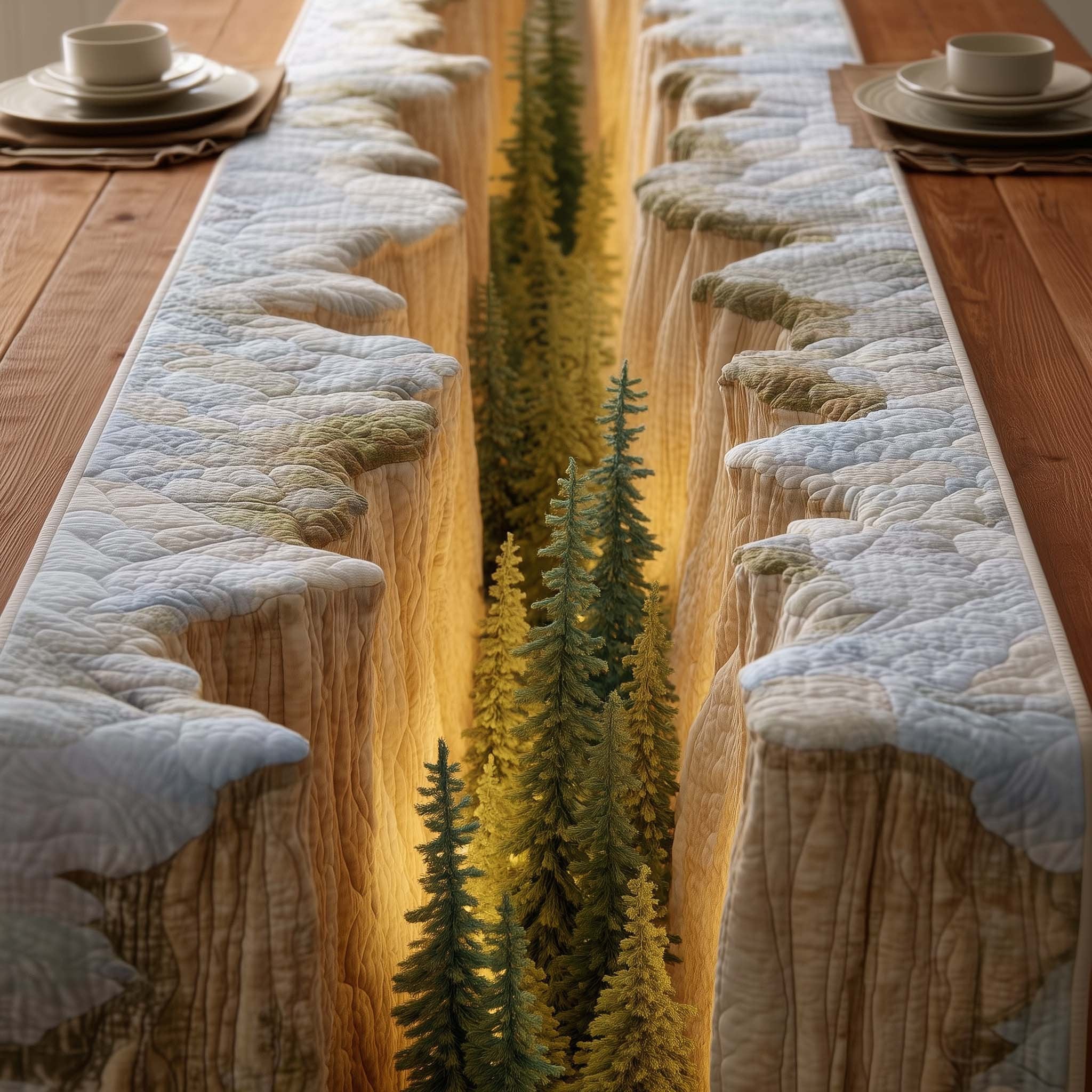 Cream Peaks Above a Green Forest Table Runner
