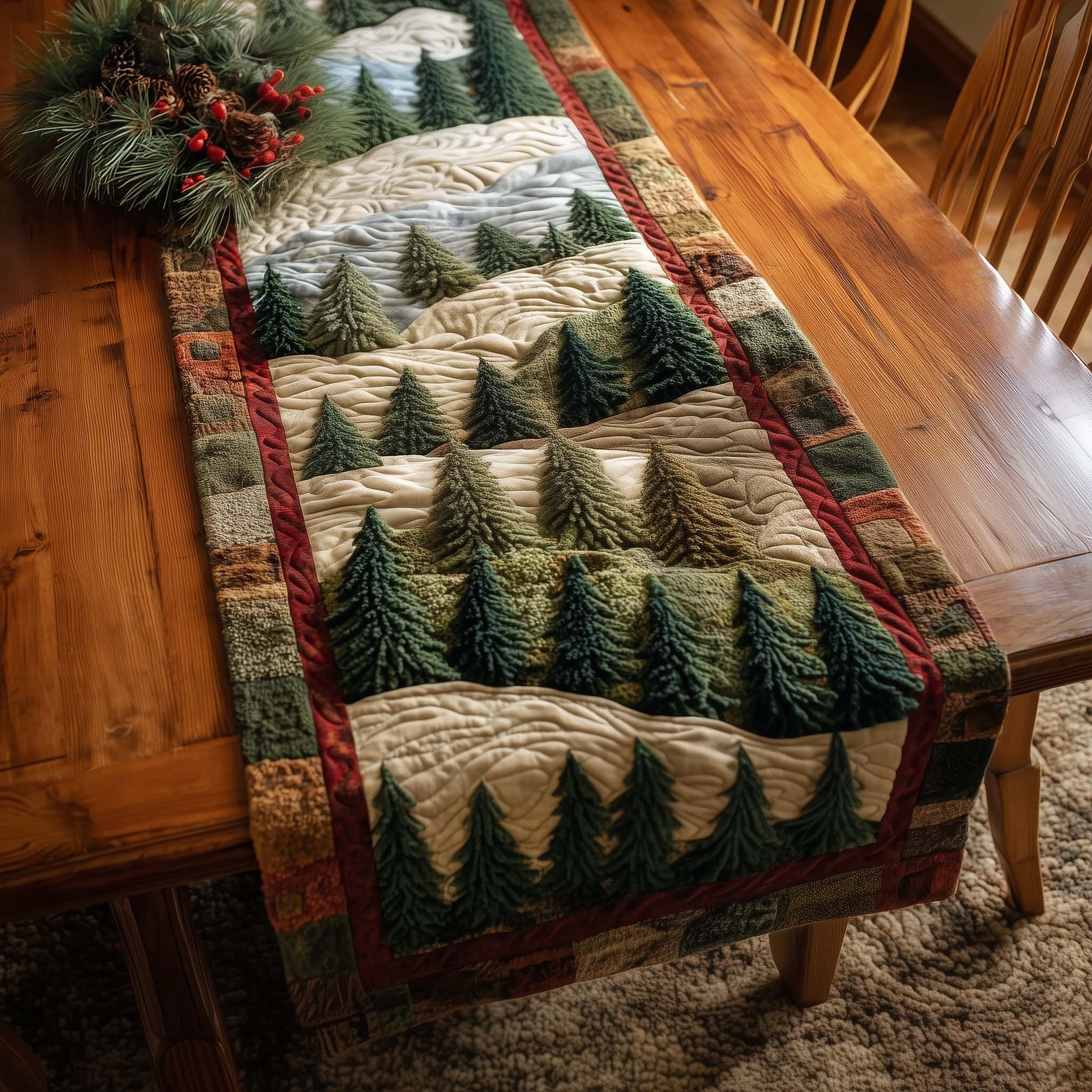 Pieced Green Forest on Cream Table Runner
