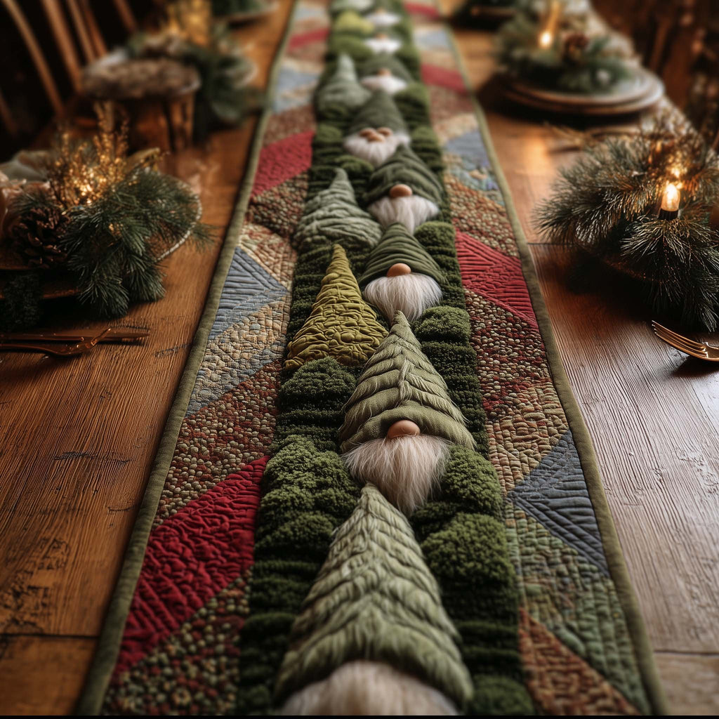 Gnomes Among Green Pine Trees Table Runner