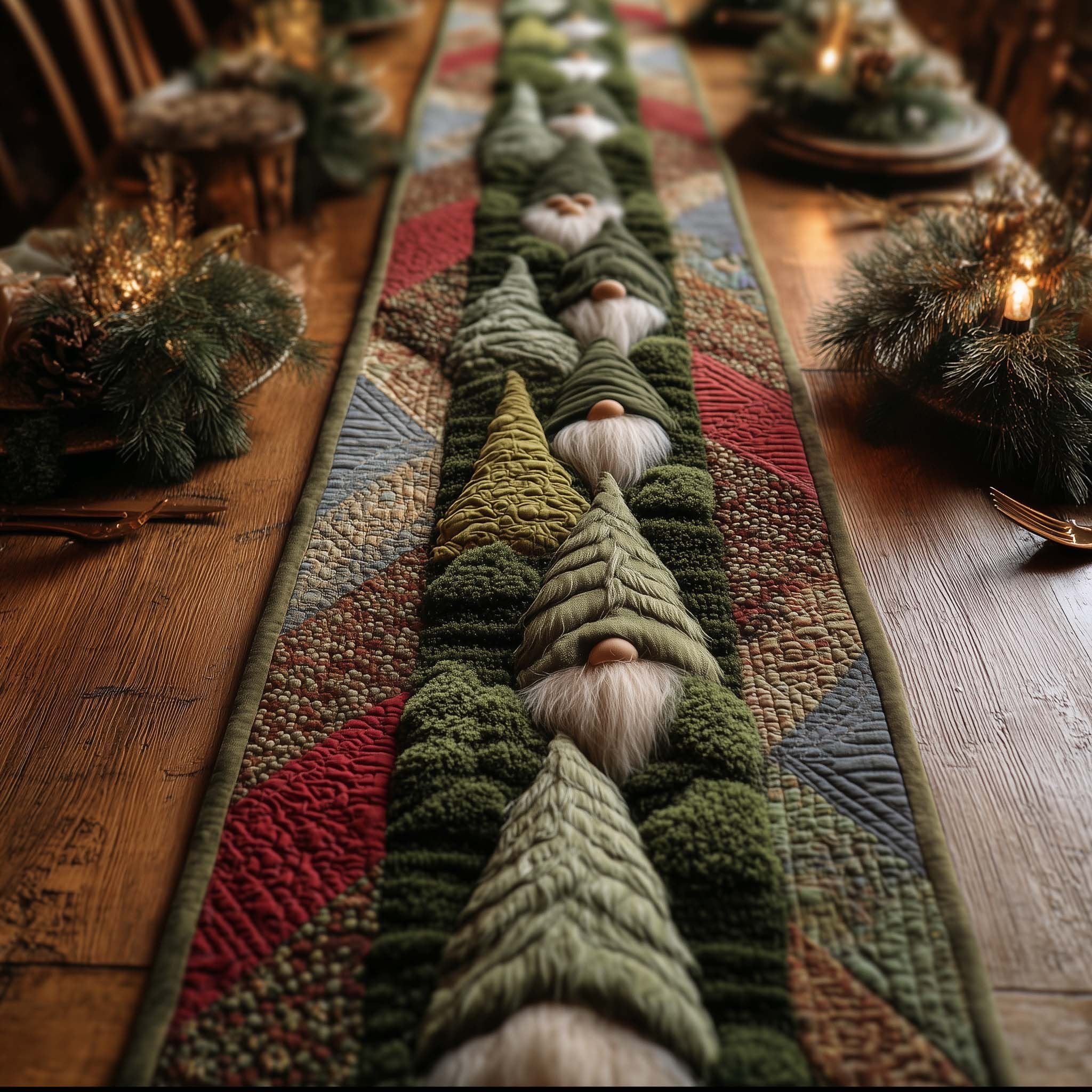 Gnomes Among Green Pine Trees Table Runner