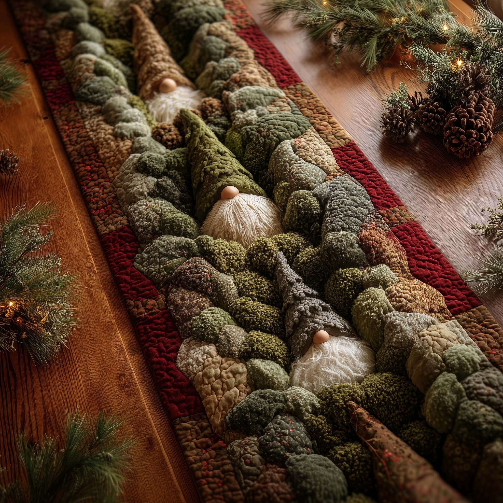 Gnome in Mossy Green Forest Table Runner