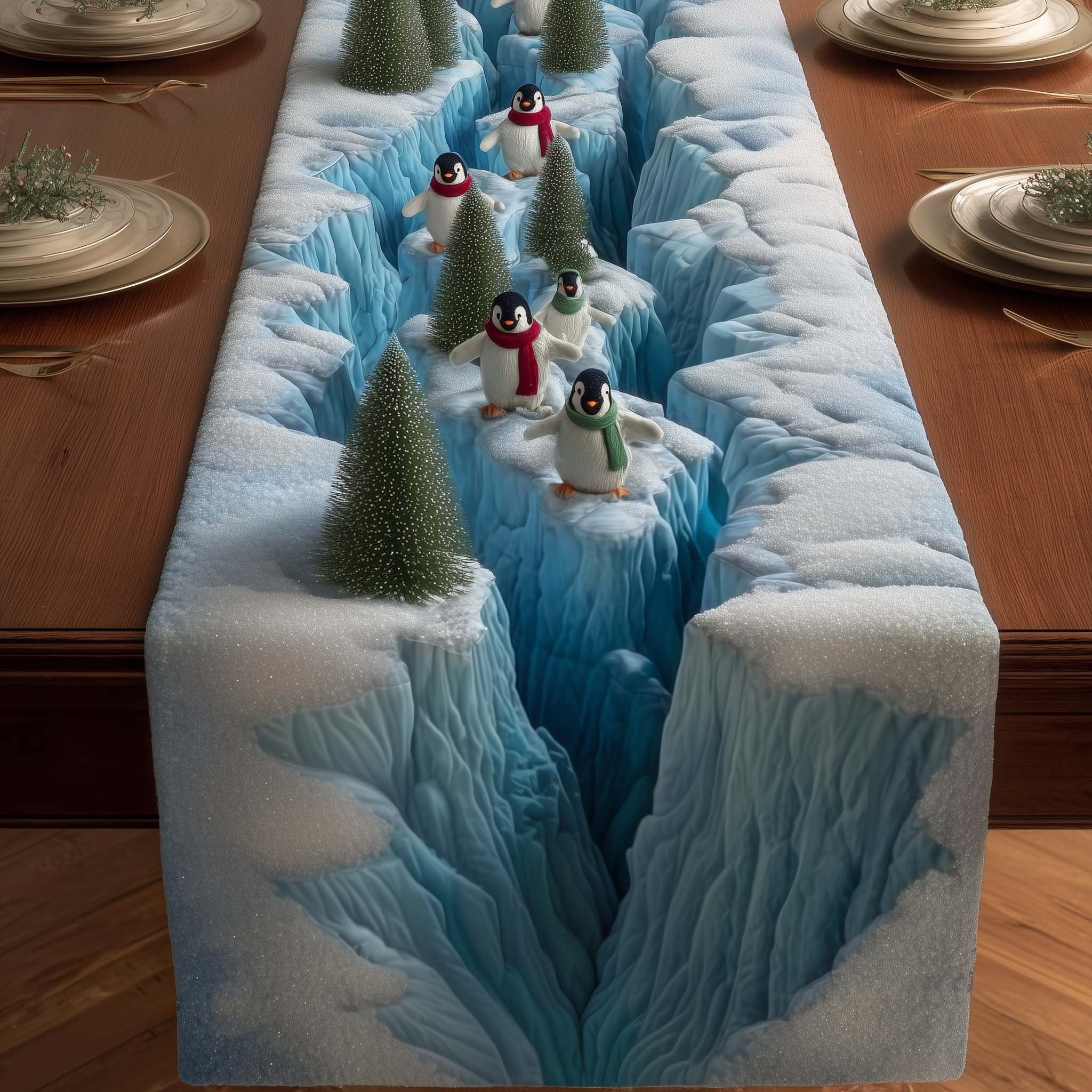 Penguins on Blue Ice Ridge Table Runner