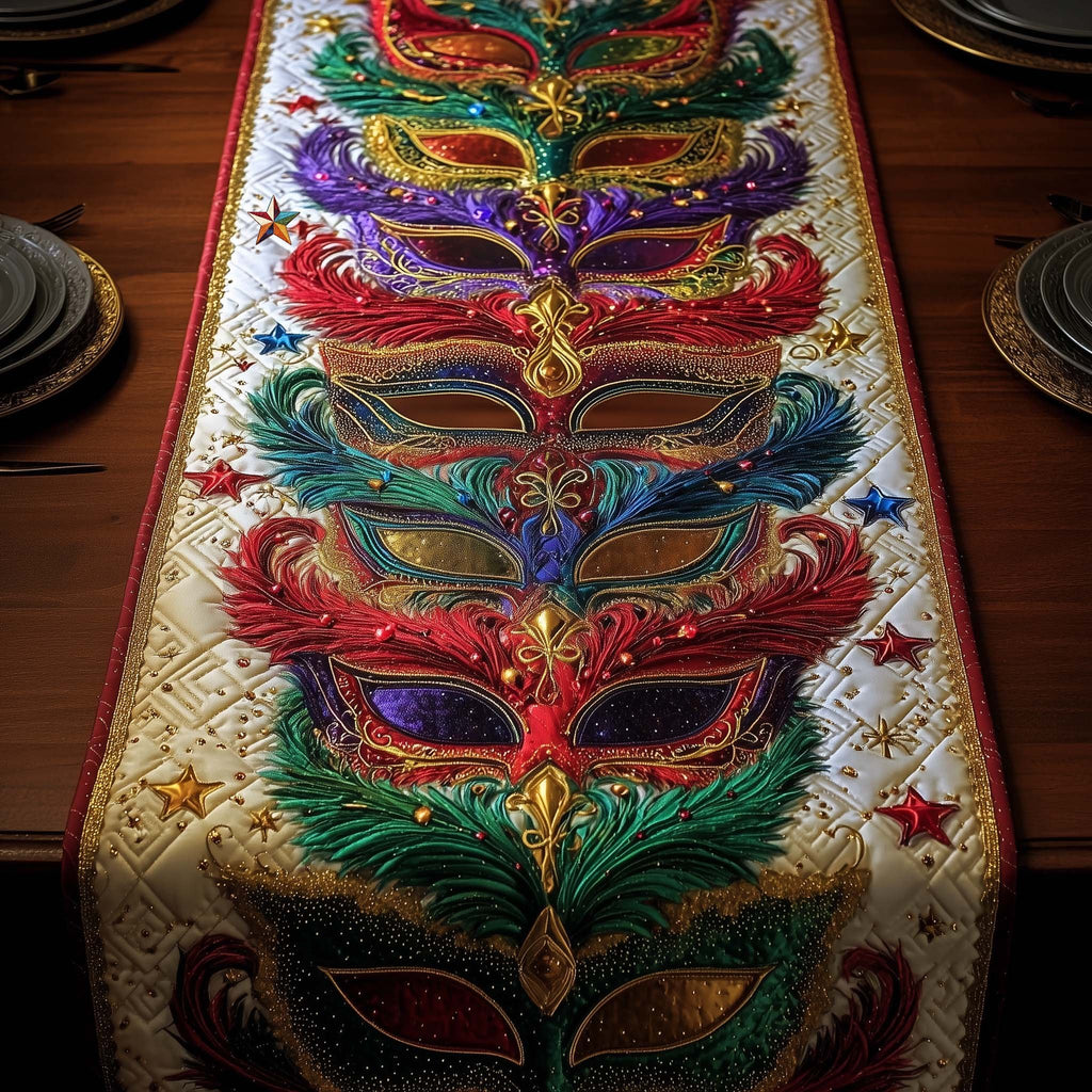 Three Masks with Gold Feathers Table Runner