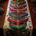 Three Masks with Gold Feathers Table Runner