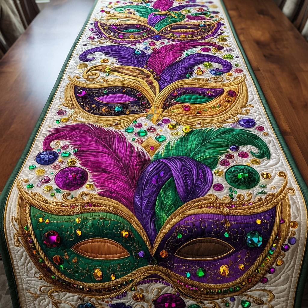 Jeweled Masks with Purple Feathers Table Runner