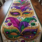 Jeweled Masks with Purple Feathers Table Runner