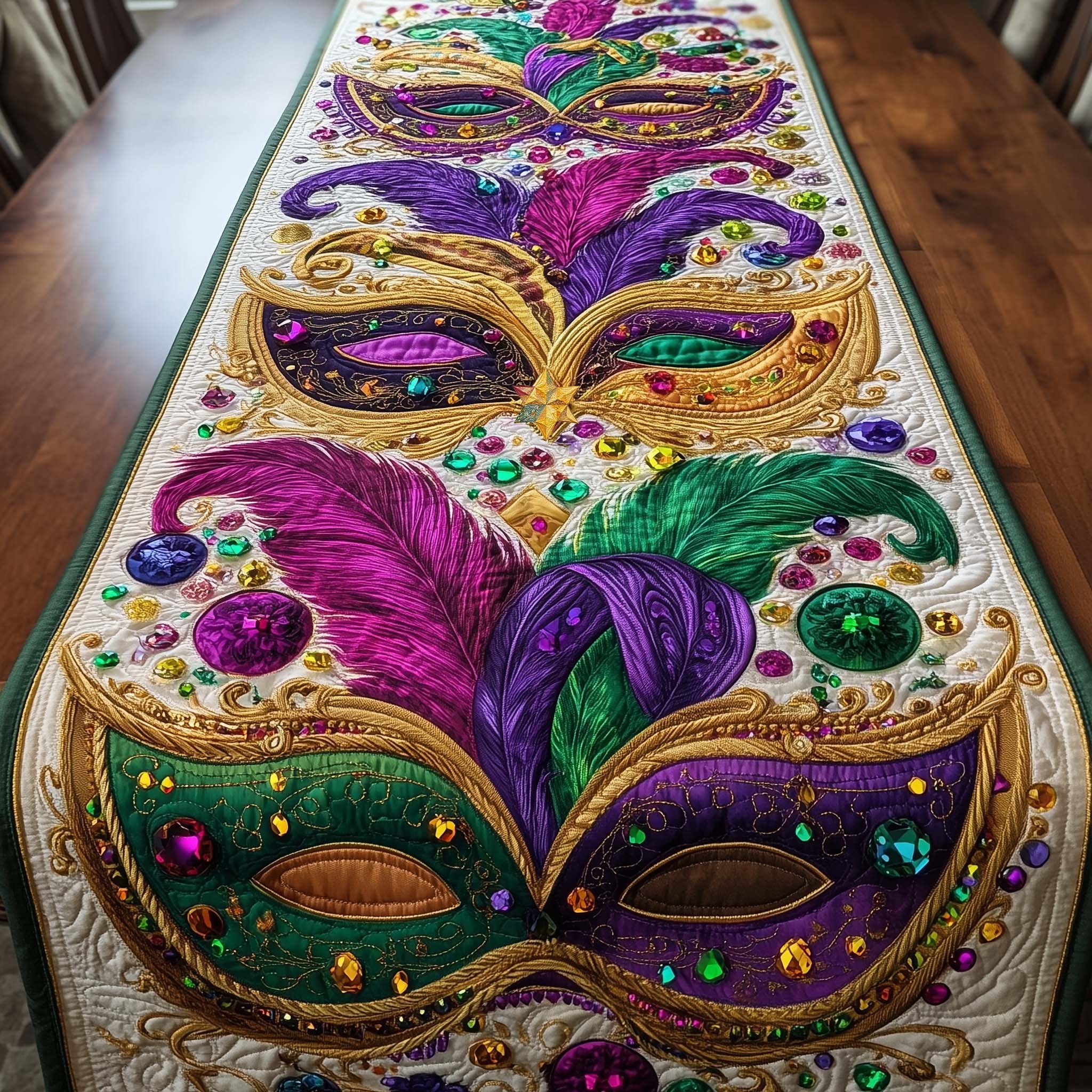 Jeweled Masks with Purple Feathers Table Runner