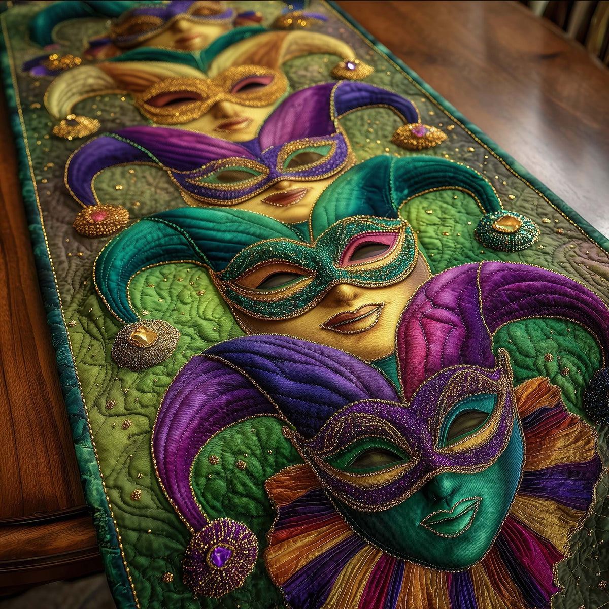 Green Mask with Purple Feathers Table Runner