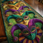 Green Mask with Purple Feathers Table Runner