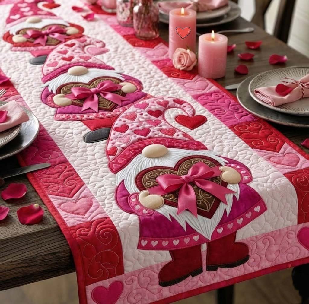 Gnome with Pink Heart Bow Table Runner