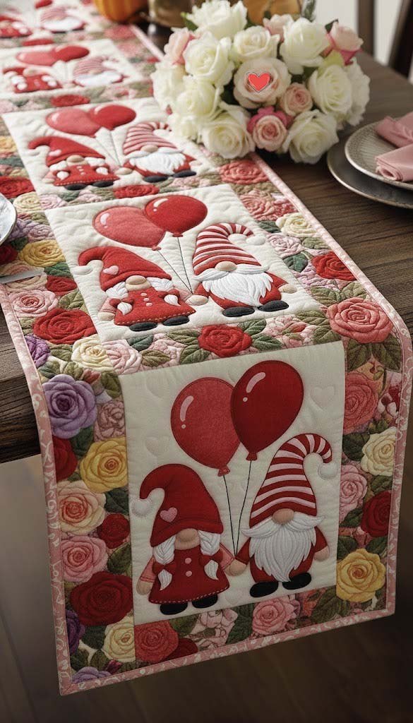 Gnomes with Red Balloons and Roses Table Runner