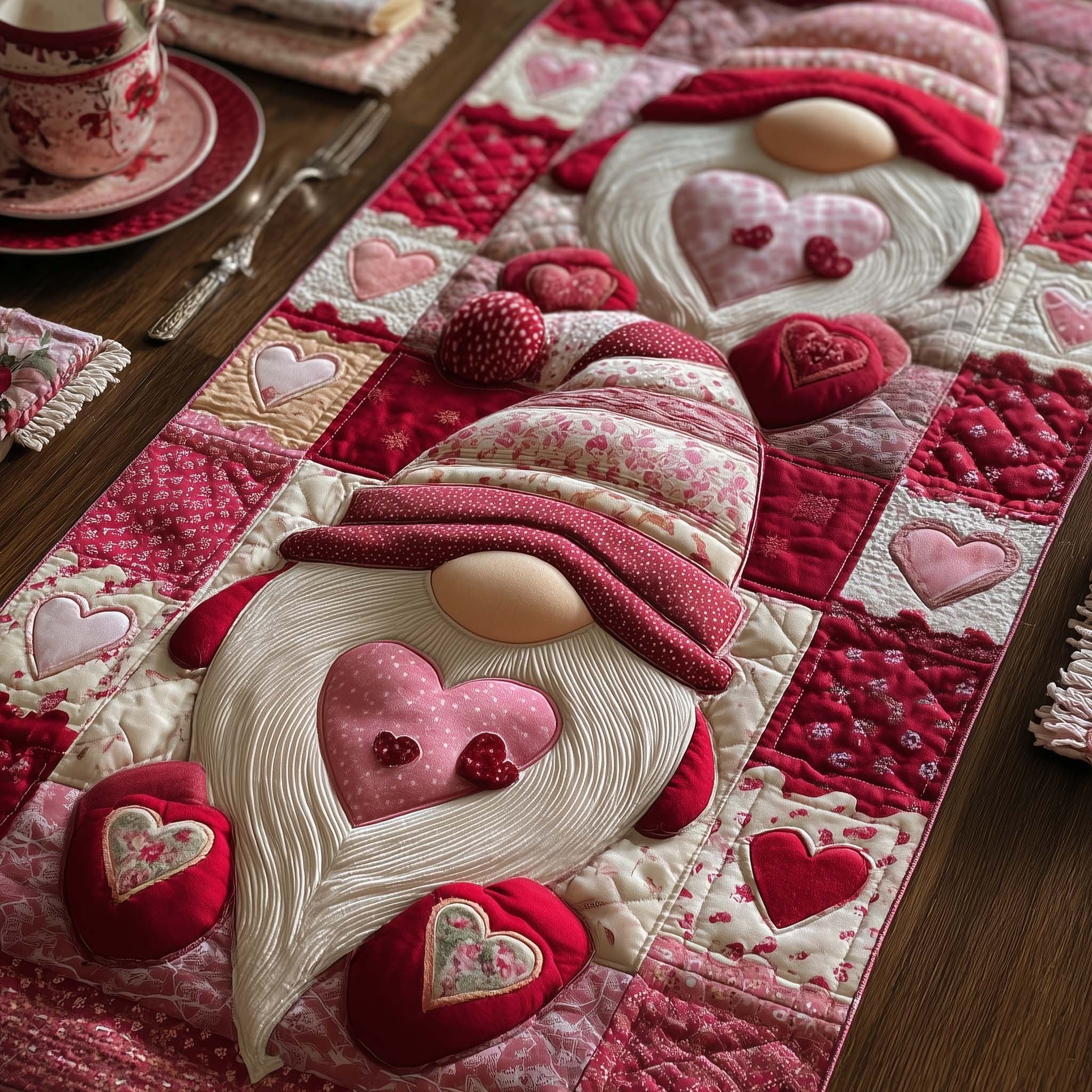 Gnome with Pink Heart Pillow Table Runner