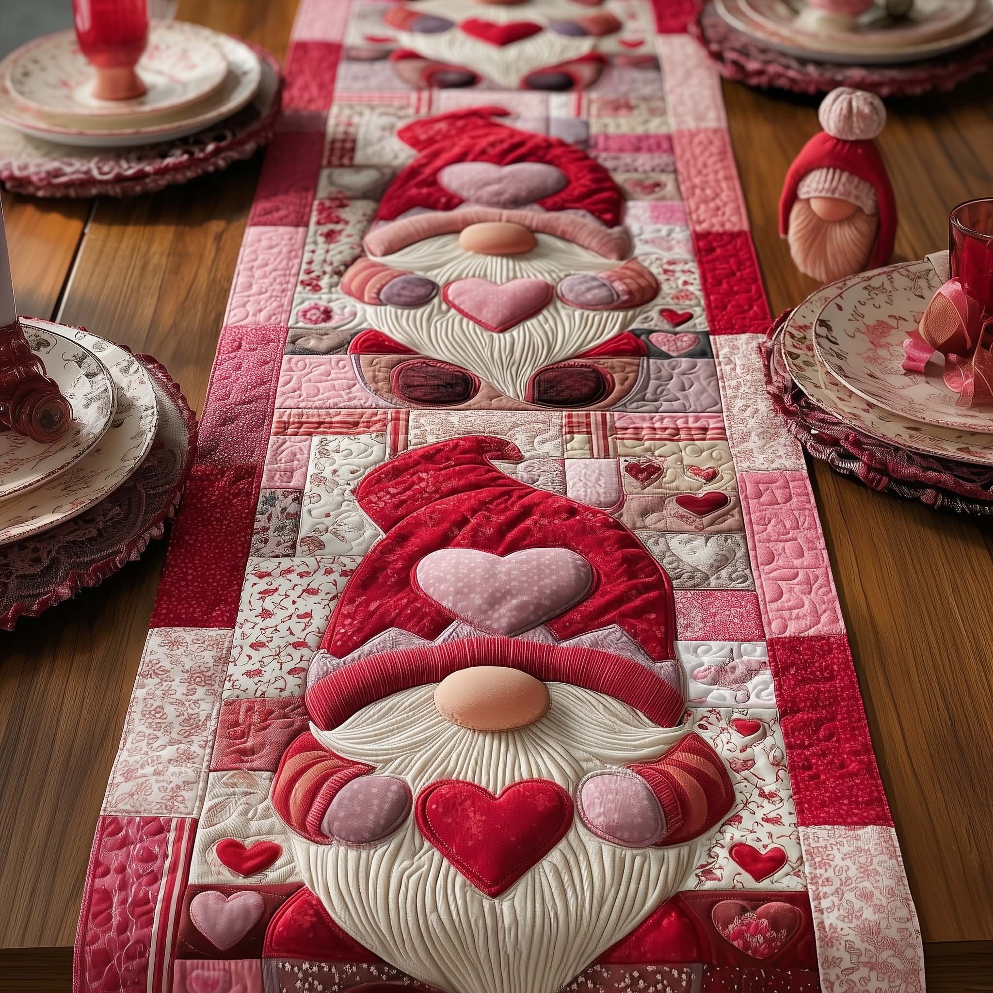 Gnome Holding Red Hearts Table Runner