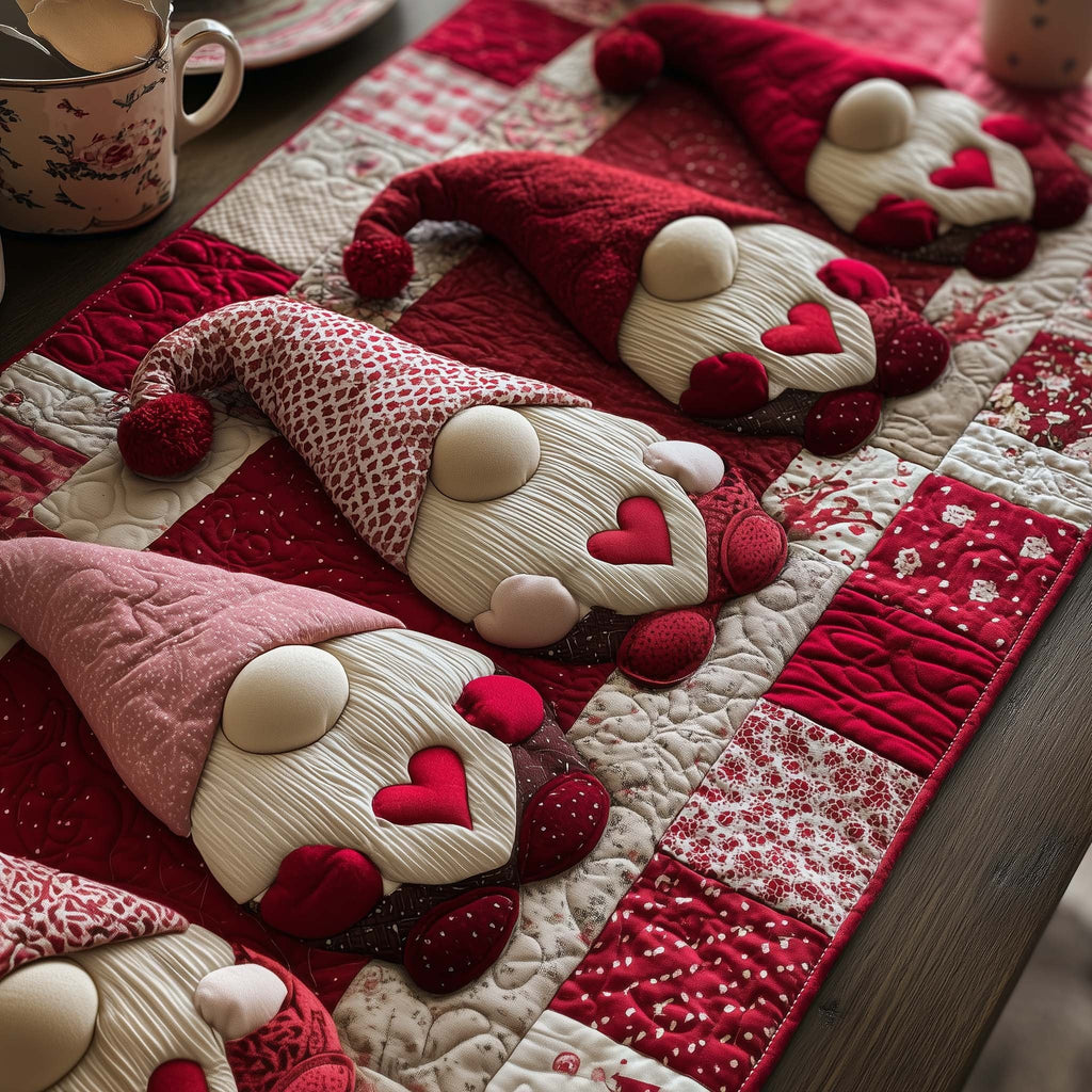 Two Gnomes with Heart Hats Table Runner